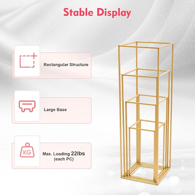 4 Pcs Metal Flower Stand for Wedding Centerpieces Stand Column Vases Wedding Flower Stand Rectangular Geometric Gold Centerpieces Stands for Wedding Decorations Home Party Event (4Pcs)