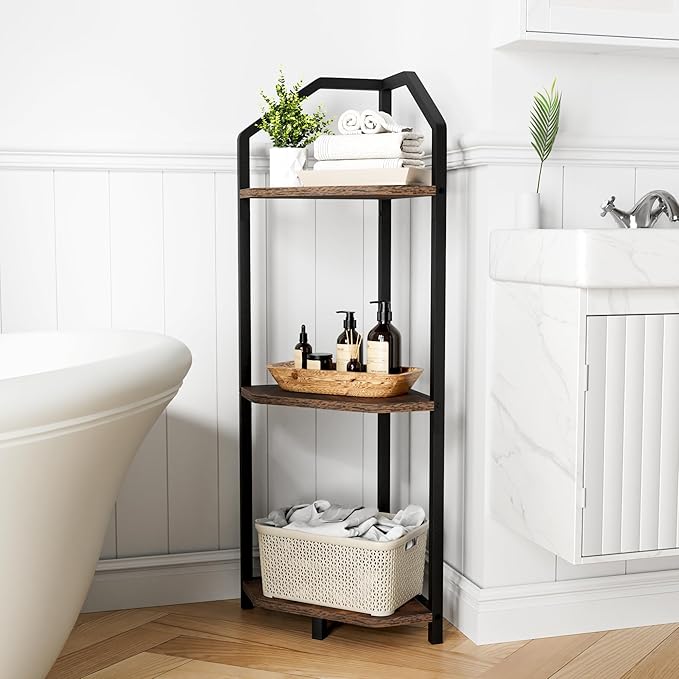 Fun Memories 3 Tier Corner Shelf, 40” Corner Shelf Stand, Corner Bookshelf Plant Stand, Storage Shelf for Bathroom, Living Room, Kitchen,Grey Home Office, Brown