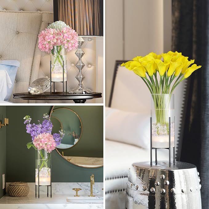 Flower Vase for Decor, for Flowers Plants, Clear Vase with Black Stand, Modern Decorative with Timer LED Lights Battery Operated,Centerpiece/Wedding/Party(Set of 2)