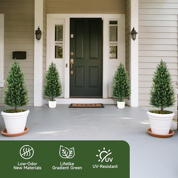 3FT Artificial Cedar Topiary Trees Set of 2 Detachable Planter & Spike,UV Resistant Faux Plants Outdoor and Indoor,Realistic Fake Bushes Pine Tree for Front Porch Decor Patio Offices Living Room
