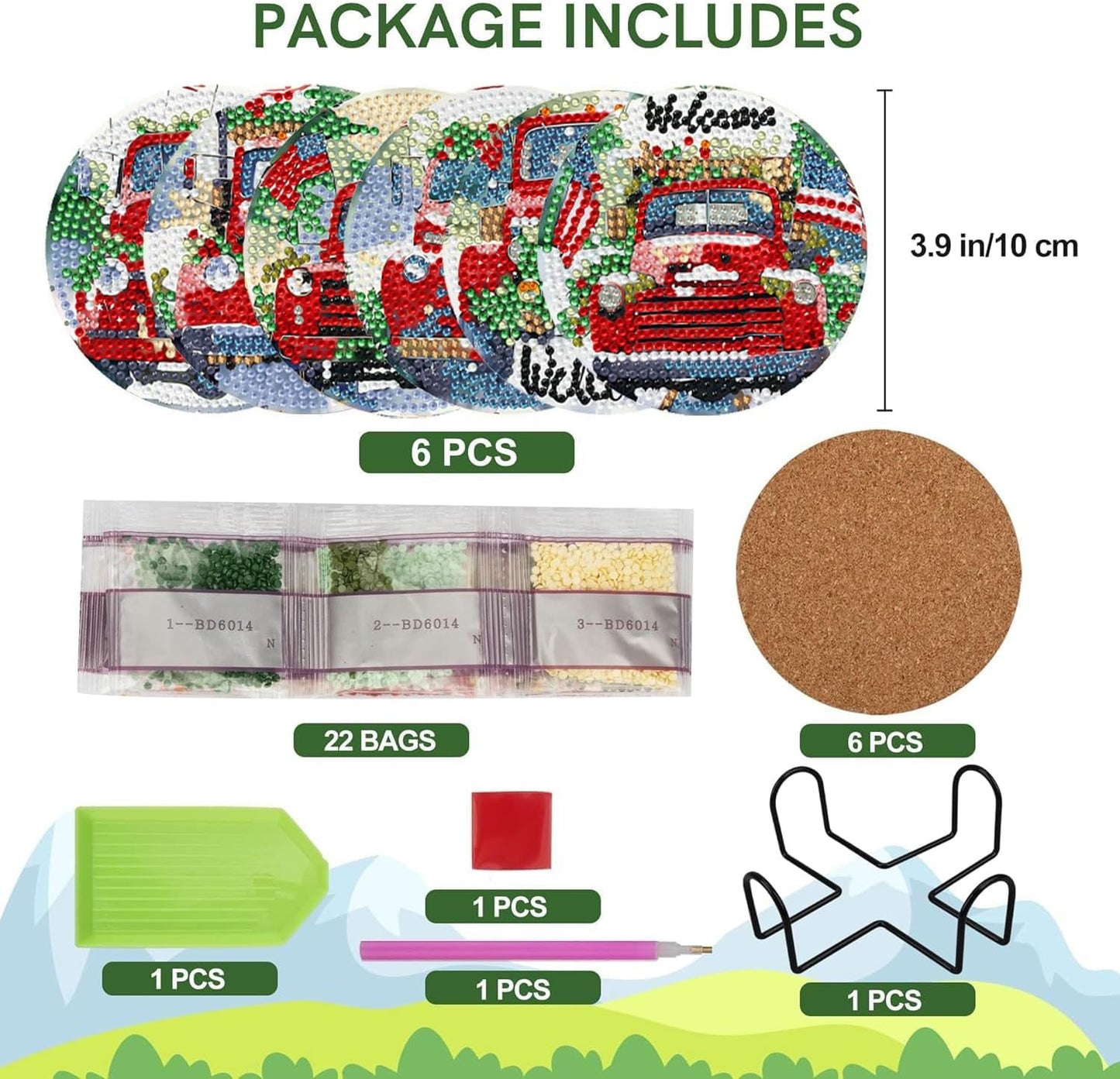 Leatrice Diamond Art Coasters Set of 6, Small Diamond Painting Kits for Adults Beginners Women, Gem Art Coasters with Holder, Funny Arts Supplies for Kitchen Decor Christmas Truck