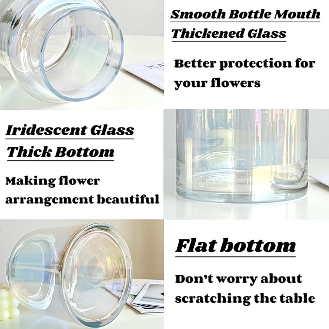 BLOFLO Iridescent Glass Vase, 9 Inch Large Glass Vase for Flowers, Modern Thick Glass Flower Vases for Centerpieces, Decorative Glass Cylinder Hydroponic Vase for Wedding, Home, Office