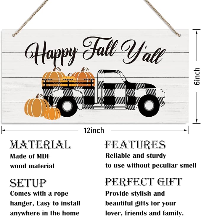 Thanksgiving Decor - Decorative Wood Hanging Plaque, Wooden Wall Art, Fall Pumpkin Truck, Harvest Hanging Wall Door Decoration, Home Farmhouse Decor, Happy Fall Y'all