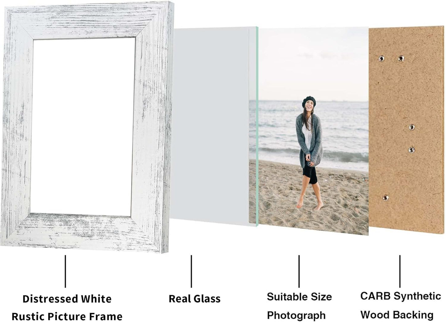 iRahmen 4x6 Picture Frame Set of 4, High Definition Glass Distressed White Frame, 4 x 6 Wood Photo Frames for Tabletop Display and Wall Mounting
