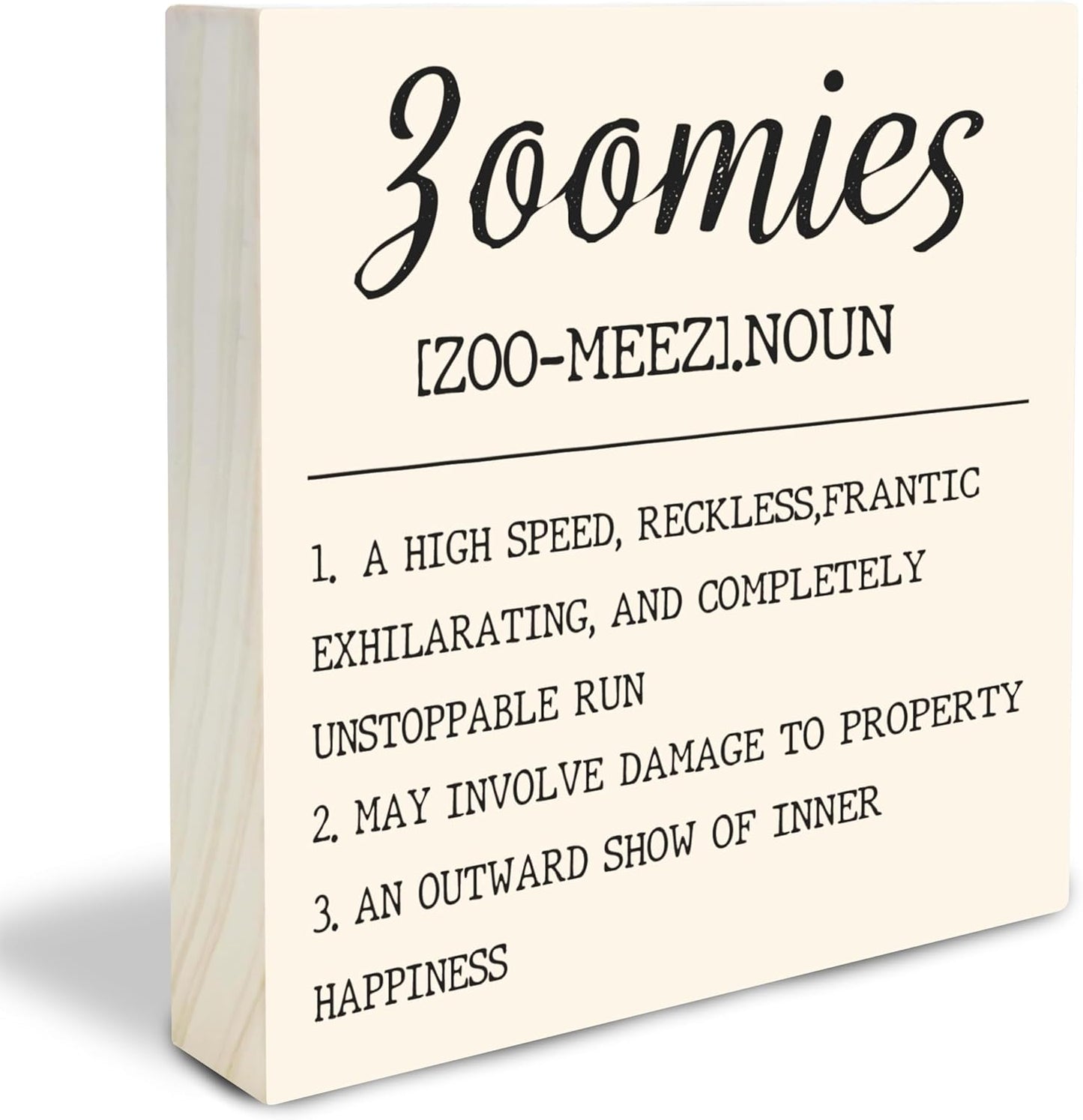 Dog Theme Wooden Block Sign - Zoomies - 4"X4" Decorative Pine Wood Plaque, Home & Office Desk Decor, Dog Lover Gift, Room Tabletop, Shelf Accessories (Khaki) - A03