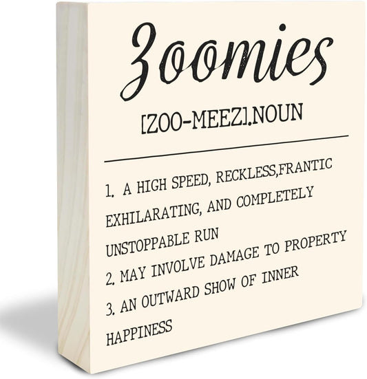 Dog Theme Wooden Block Sign - Zoomies - 4"X4" Decorative Pine Wood Plaque, Home & Office Desk Decor, Dog Lover Gift, Room Tabletop, Shelf Accessories (Khaki) - A03