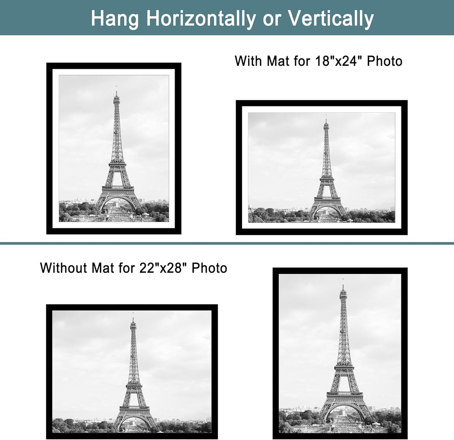 iRahmen 22x28 Poster Frame Set of 2 with Plexiglass, Black Wood Picture Frames for Wall Mounting Display Picture 18x24 with Mat or 22 x 28 Without Mat