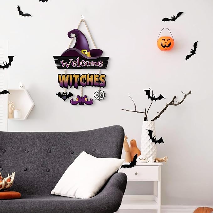 Welcome Witches Door Sign,Witch Legs Hat Wooden Hanging Sign,Rustic Halloween Bat Wall Decor,Halloween Witch Theme Wooden Sign,Spider Web Wall Plaque for Porch Yard Home Room Farmhouse Garden