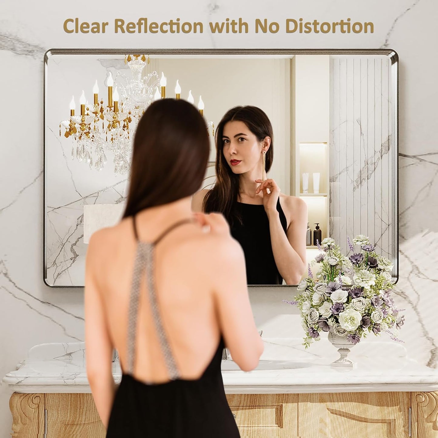 LOAAO 48X30 Inch Brushed Nickel Bathroom Mirror, Rounded Rectangle Silver Metal Frame Mirror, Brushed Nickel, Anti-Rust, Shatter Proof, Hangs Horizontally or Vertically