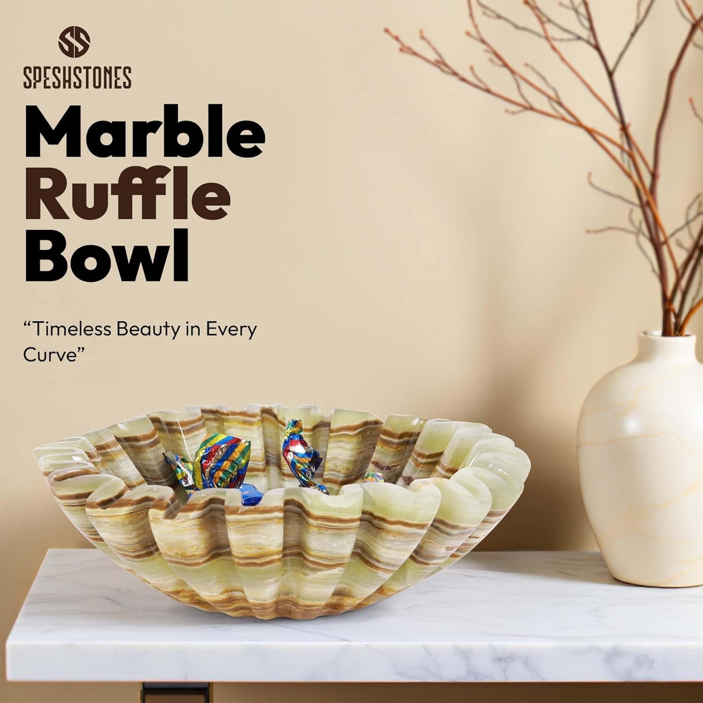 Marble Ruffle Bowl 8 Inch Green Stone Large Decorative Fruit Bowl for Kitchen Counter & Dining Table Centerpiece - Modern Fluted and Scalloped Bowls for Coffee Tables & Home Decor