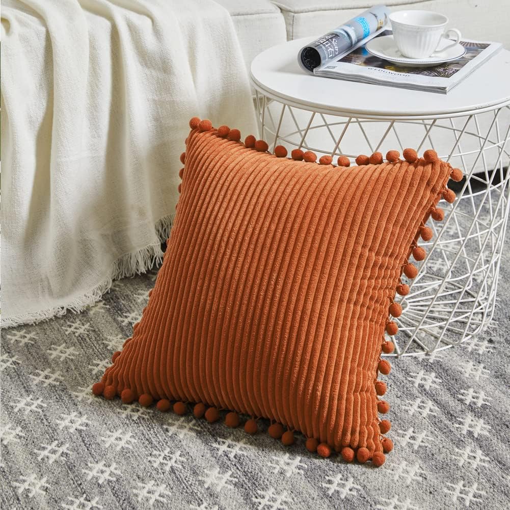 Fancy Homi 2 Packs Rust 26x26 Pillow Covers, Euro Pillow Covers with Pom-poms, Big Throw Pillow Covers for Couch Bedroom 66x66 cm
