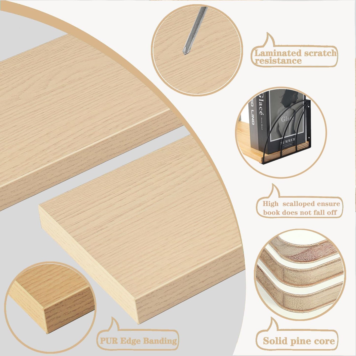 Long 48 Inch Oak Wall Bookshelf- Curved Fan-Shaped Design with Built-in Anti-Slip Book Stops|0.71" Thicker Heavy Duty White Oak Floating Shelves|Floating Book Shelf for Wall,Home Décor Set of 2