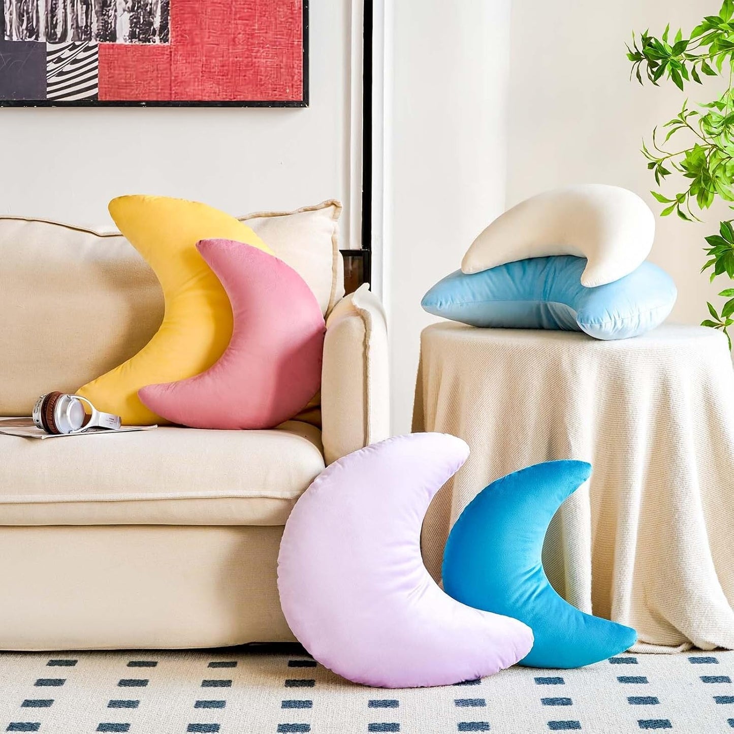 Blue Moon Pillow, 19.6" Cute Soft Velvet Half Moon Shape Plush Decorative Throw Pillows Cushions Room Decor for Couch Bedroom Living Room