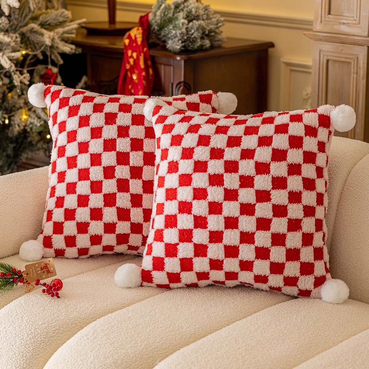 Faux Fur Plush Decorative Throw Pillow Covers with Pom Poms 18x18 Square Soft Christmas Checkered Pillow Covers for Couch Set of 2 Red x2