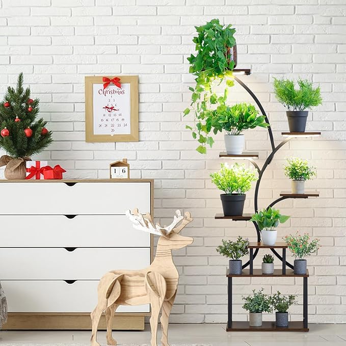 Plant Stand Indoor with Grow Light,8 Tiered Tall Plant Shelf for Multiple Plants, 62.2" Tall Plant Stands for Indoor Plants, Wooden Display Rack Holder, S-Shaped Plant Rack, Corner Flower Stand for Living Room, Garden, Patio