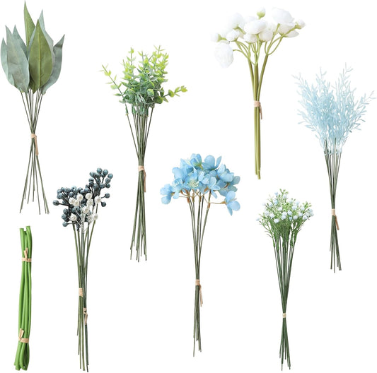 Floroom Artificial Greenery Stems Box Set, 59pcs with 7 Kinds of Faux Greenery Flowers Picks for DIY Bridal Bouquets Wedding Floral Arrangement Table Centerpieces, Blue & White