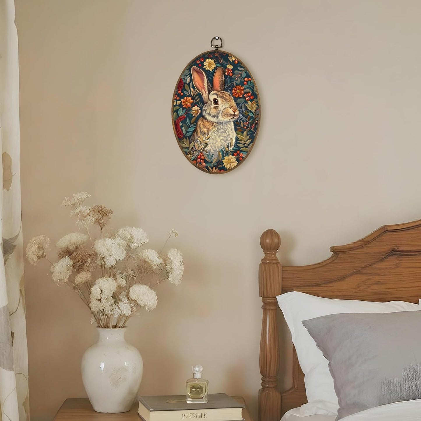 LKETW Floral Bunny Oval Wall Art Decor, Cottagecore Bunny Floral Botanical Oval Canvas Hanging Decor, Rustic Retro Rabbit Wall Decorations for Home Bedroom Living Room, 8.6x11.4 Inch