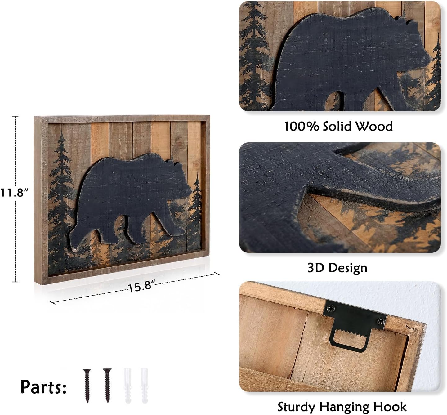 NIKKY HOME Cabin Wall Decor, 3D Bear Wood Forest Mountain Woodland Wildlife Lodge Animal Picture Art Bathroom Decor, 16 x 12 Inches