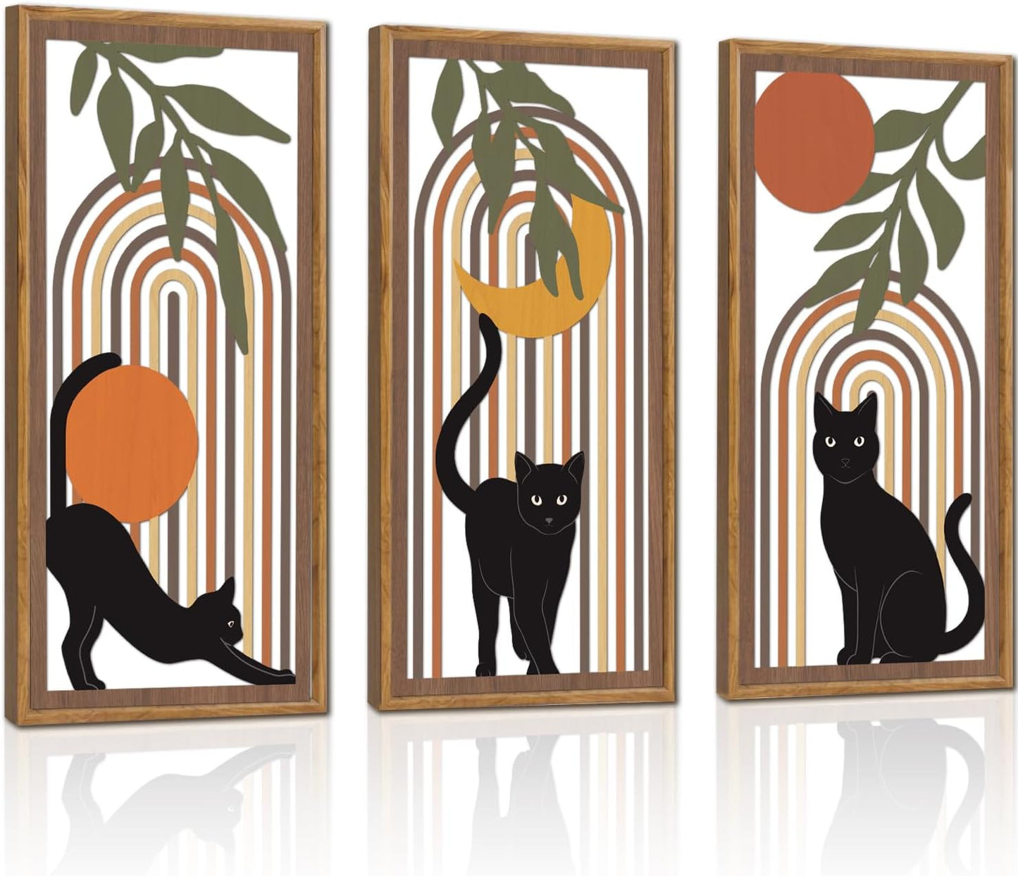 KAIRNE Boho Black Cat Wall Decor,Mid Century Bohemian Wooden Wall Art Set of 3(16”X8”),Farmhouse Geometric Hanging Wood Wall Decor,Abstract Moon Sun Leaves for Living Room Bedroom Nursery Decoration
