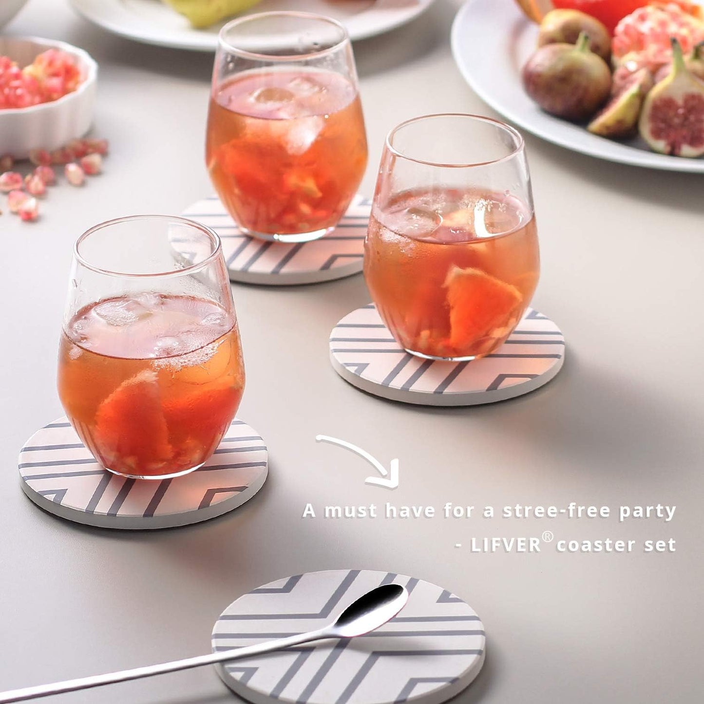 Lifver 6 Piece Absorbent Stone Coaster Set with Holder,Drink Spills Coasters, Grey-Lines