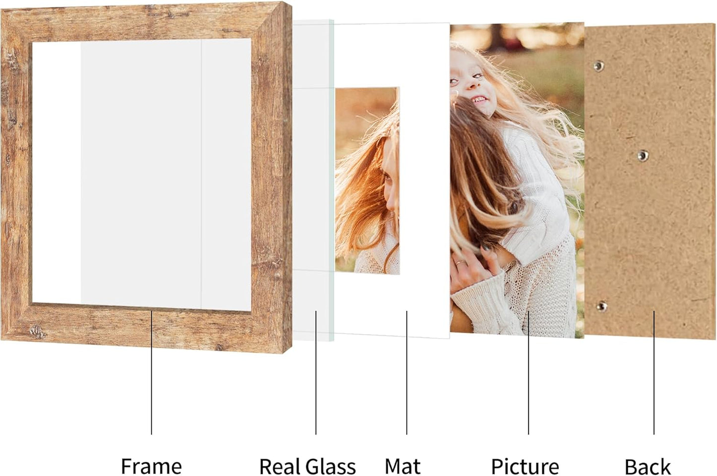 iRahmen 8x8 Picture Frame Set of 4 with HD Glass, Display 6x6 Pictures with Mat or 8 x 8 Without Mat, Square Wood Photo Frame for Wall Mount and Tabletop Display