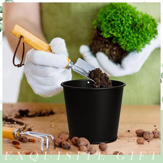 2 Sets Herb Garden Planter Indoor Kit with Trey 10 Pcs Metal Windowsill Plant Pots with Drainage Holes Indoor Herb Planter with Marker and Labels for Home Outdoor Plants (Black)