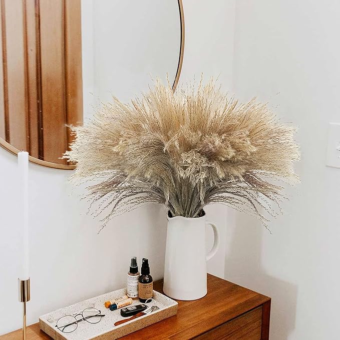 Uieke 100Pcs Natural Dried Pampas Grass Plume 17inch Tall Dried Flowers Large Faux Reed Artificial Plants for Wedding Flower Arrangements Farmhouse Wreath Door Centerpiece Home Décor Brown