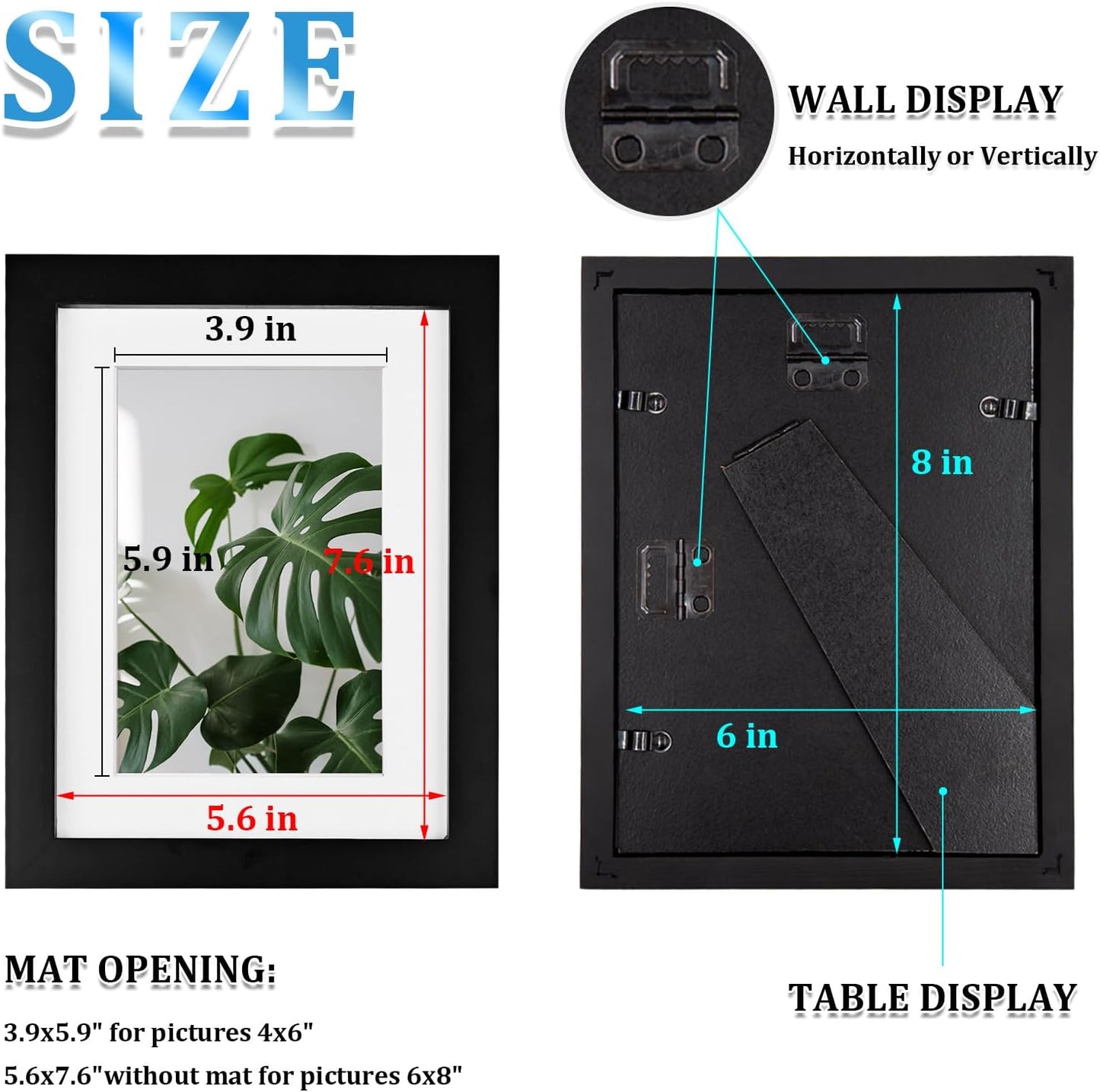 Egofine 6x8 Picture Frames Set of 4, Made of Solid Wood Covered by Plexiglass 4x6 and 5x7 with Mat or 6x8 whitout Mat, for Table Top Display and Wall Mounting Photo Frame Black
