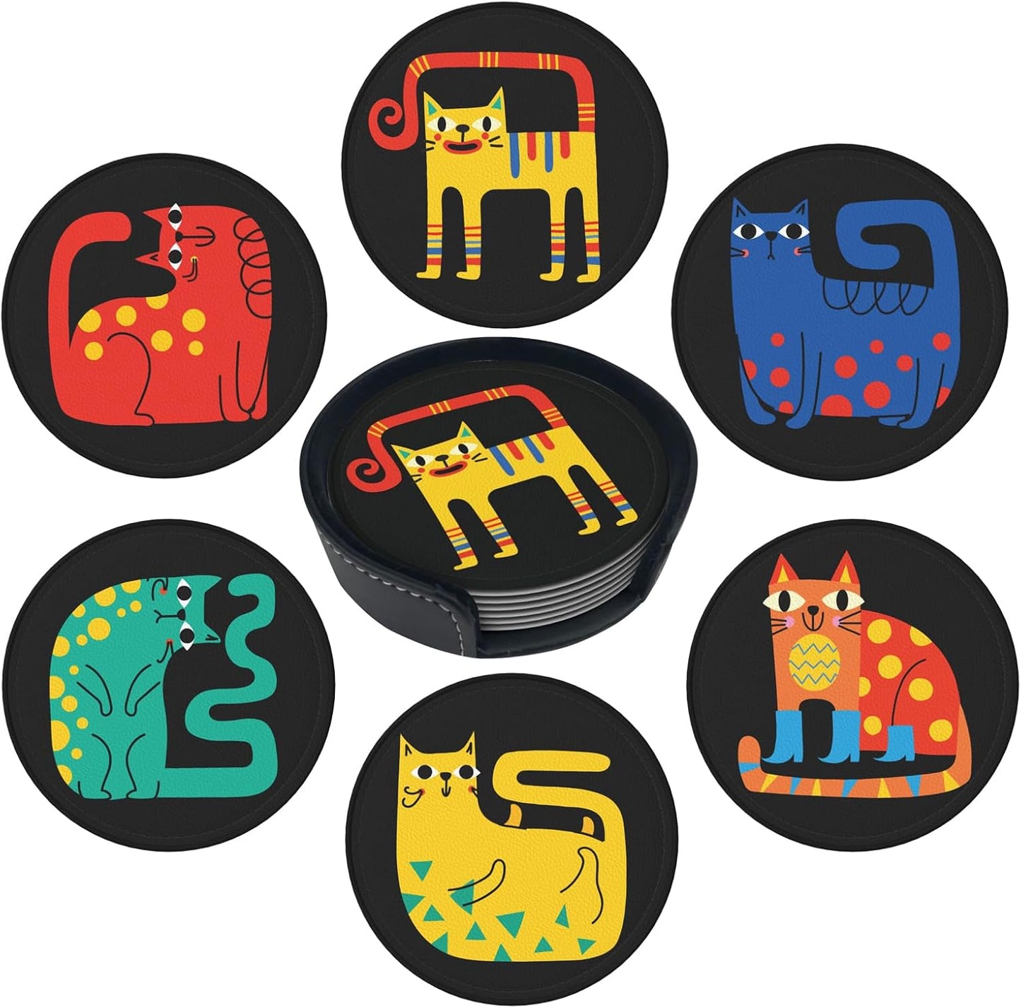 Cute Colorful Cat Leather Drink Coasters Set of 6 with Holder Round Cup Coaster for Table Decor