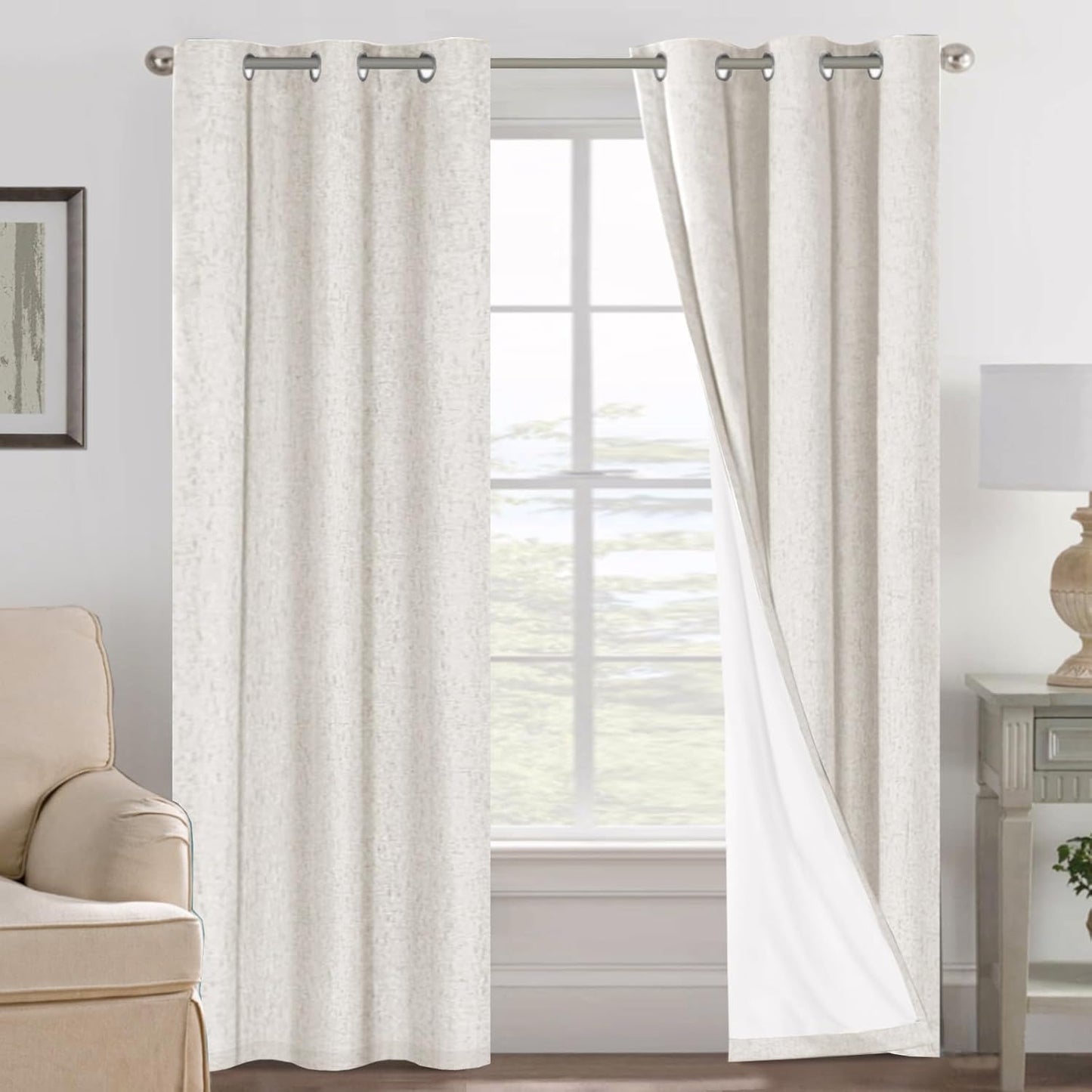 H.VERSAILTEX Ivory Curtains Blackout, 100% Blackout Linen Curtains with White Thermal Insulated Liner, Grommet Drapes Blackout Curtains for Living Room (2 Panels, 42 x 84 Inch, Ivory)