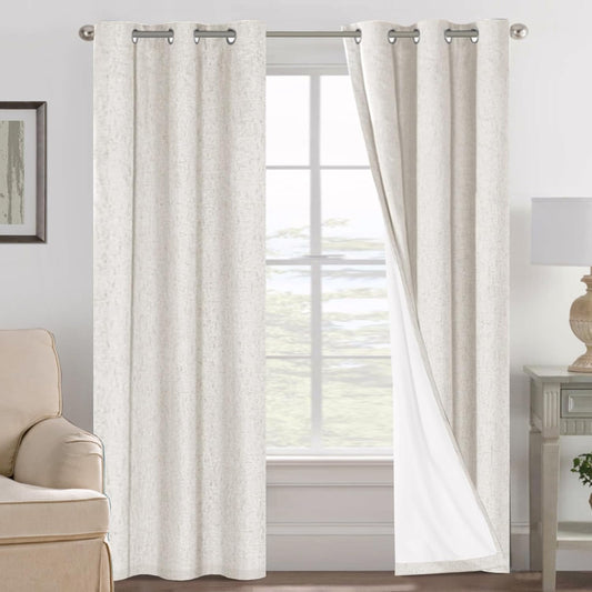 H.VERSAILTEX Ivory Curtains Blackout, 100% Blackout Linen Curtains with White Thermal Insulated Liner, Grommet Drapes Blackout Curtains for Living Room (2 Panels, 42 x 84 Inch, Ivory)