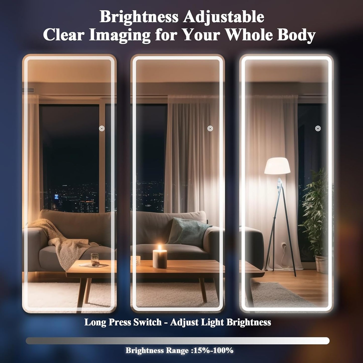 LED Full Length Mirror - 71" x 26" Mirror Full Length with Rounded Corner, Floor Standing for Bedroom/Dressing Room, 3 Color Lighting, White