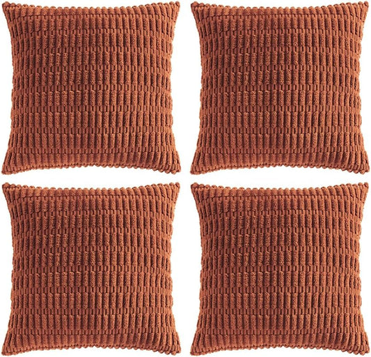 Fancy Homi 4 Packs Rust Decorative Throw Pillow Covers 16x16 Inch for Living Room Couch Bed Sofa, Terracotta Rustic Farmhouse Boho Home Decor, Soft Plush Striped Corduroy Square Cushion Case 40x40 cm