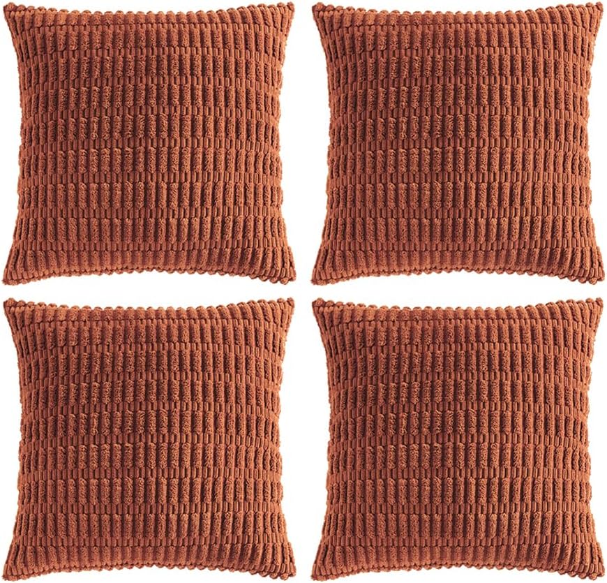 Fancy Homi 4 Packs Rust Decorative Throw Pillow Covers 22x22 Inch for Living Room Couch Bed Sofa, Terracotta Rustic Farmhouse Boho Home Decor, Soft Plush Striped Corduroy Square Cushion Case 55x55 cm
