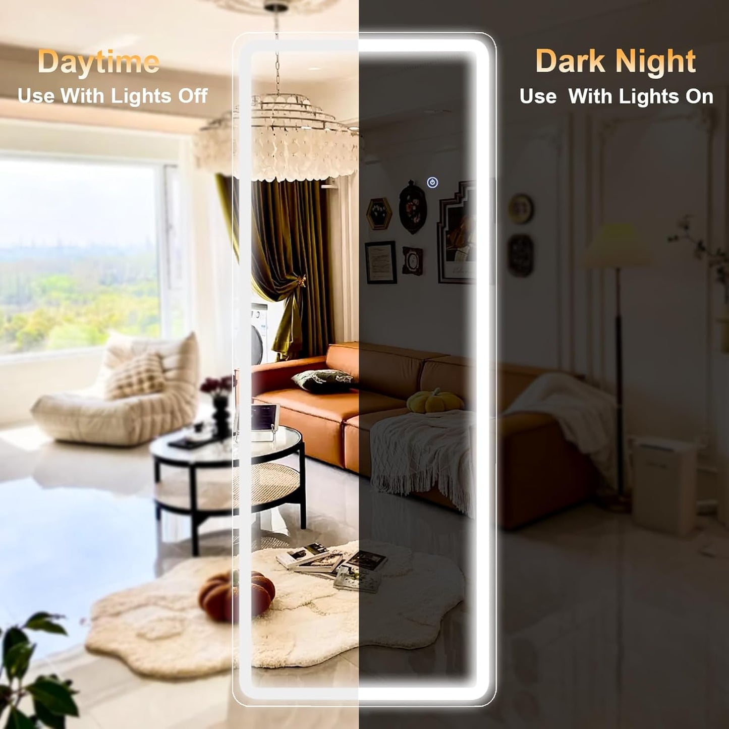 LED Rectangular Corner White Full Length Mirror - 21“ x 64” Brightness Adjustable, Touch Screen Control, Wall Mounted or Freestanding, for Bedroom Living Room Cloakroom Dressing Mirror