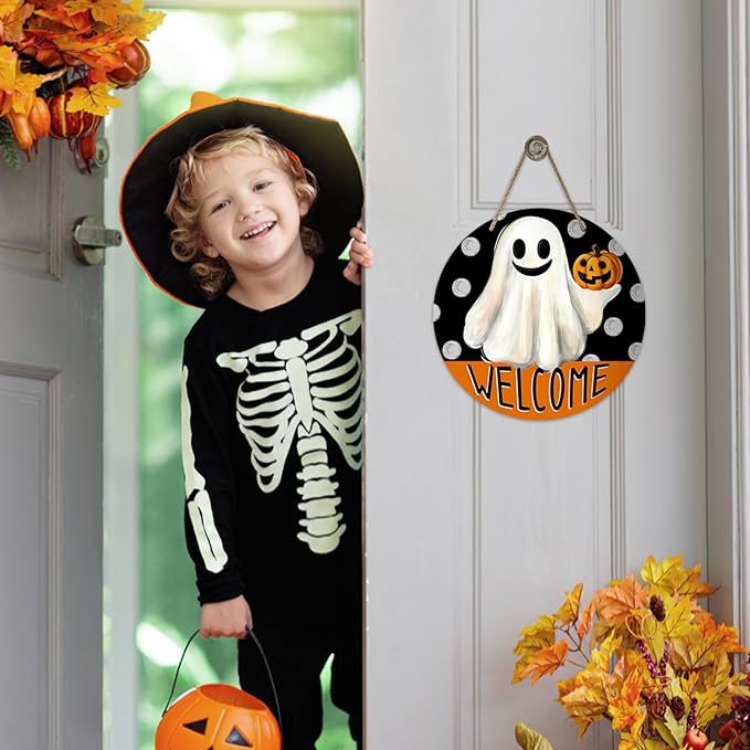 Welcome Halloween Spooky Ghost Front Door Sign, Scary Jack O Lantern Pumpkin Wood Hanger Outdoor Outside Porch Home Decor, Funny Polka Dots Wooden Wreath Indoor Wall Hanging Decoration