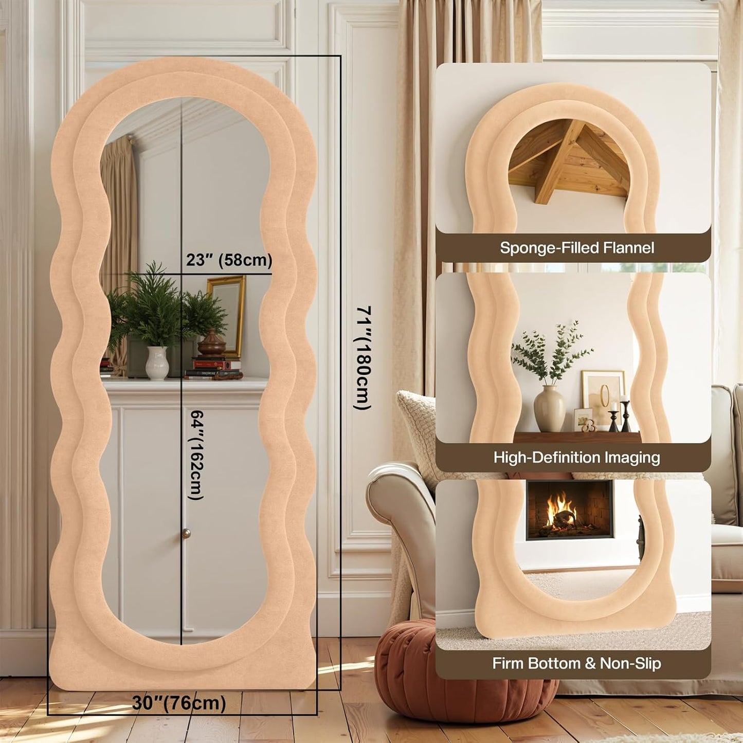 Full Length Mirror 71"x30" Irregular Wavy Full Body Wall Mounted Floor Mirror with Stand Milk Tea Flannel Frame Leaning Hanging Wall for Bedroom Entrance Hallway
