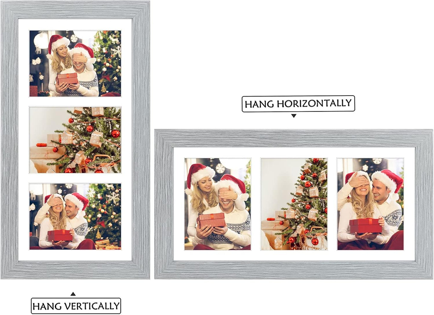 Golden State Art, 7x14 Grey Photo Wood Collage Frame with Mat Displays Three 4"x6" Pictures, Solid Wood with Real Glass Multiple Collage Frame