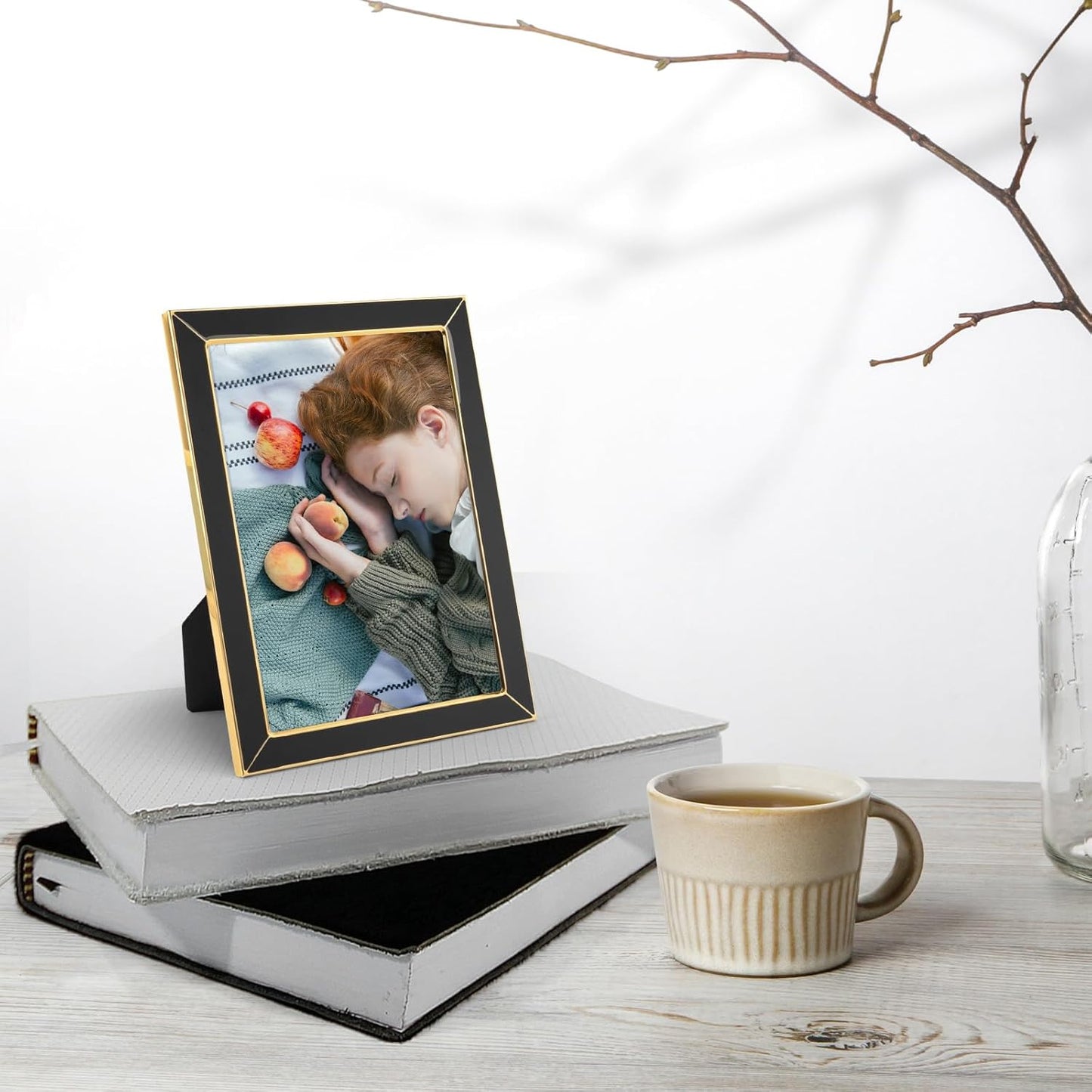 Frametory Enamel Picture Frame - 5x7 Gold Metal Edge Black Enamel Picture Frame With Easel and Velvet Back for Tabletop Display, Bookshelf, 5x7 Wall Decoration, Photo Frames-2 Set