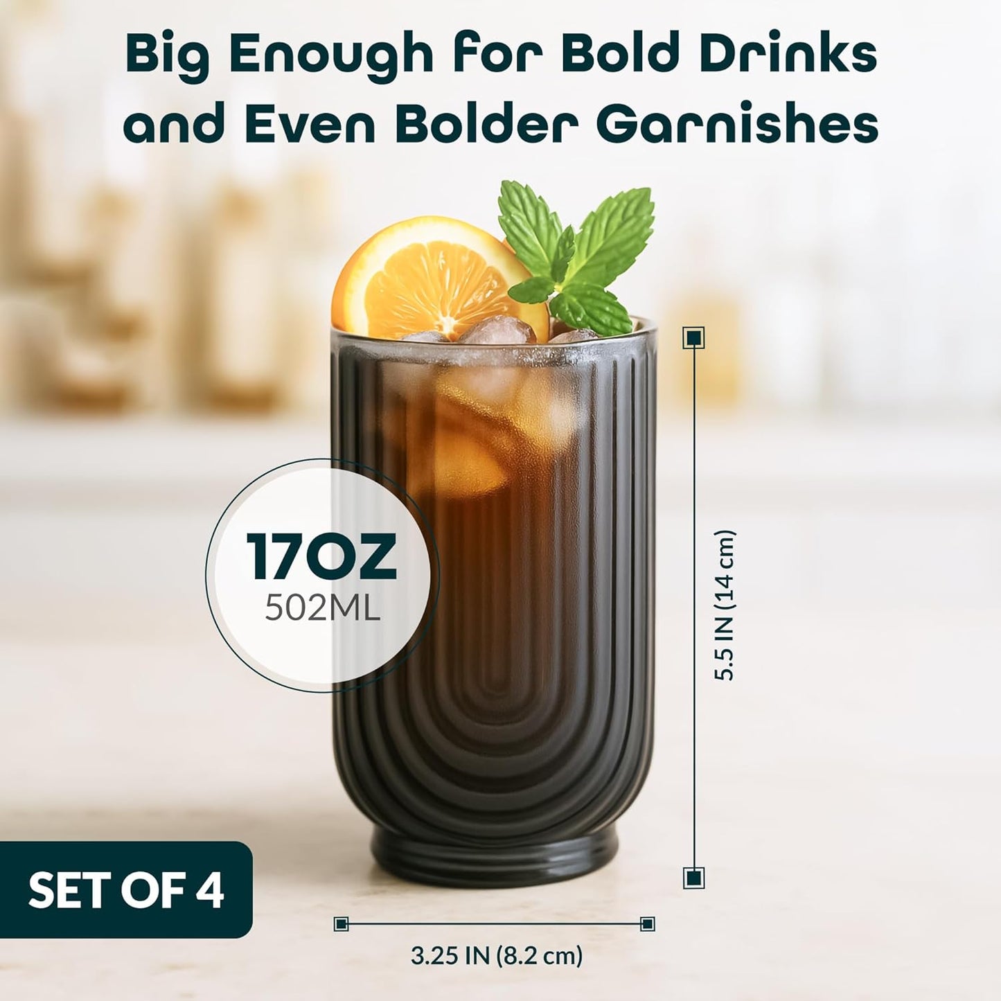 Glaver's Vintage Glassware Art Deco Glasse Ribbed Drinking Glasses U-Shape Arch Design Colored Cocktail Kitchen Tumblers Everyday Dinner Decorative Party (Smoke S/4 17oz)