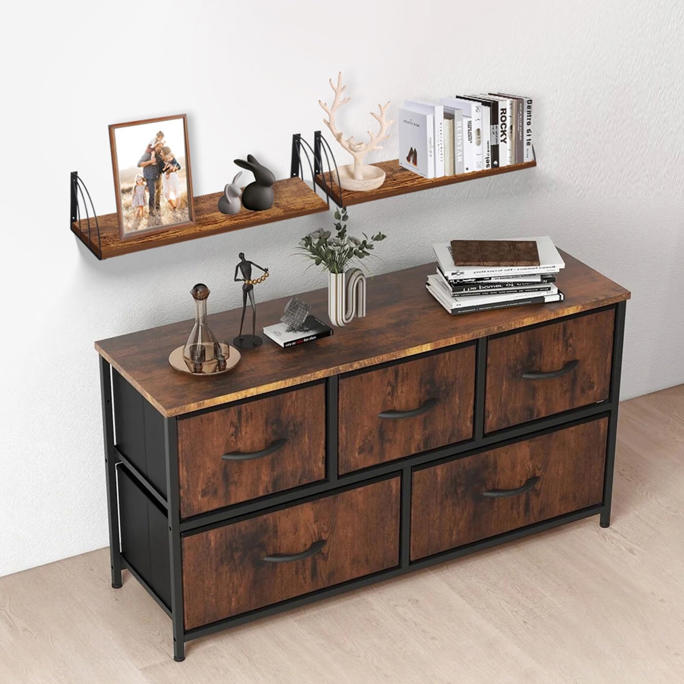 Long 36 inch Rustic Brown Floating Book Shelves for Wall - Curved Fan-Shaped Design with Built-in Anti-Slip Book Stops|0.71" Thick MDF Heavy Duty Floating Bookshelves|Wall Bookshelf for Books Set of 2