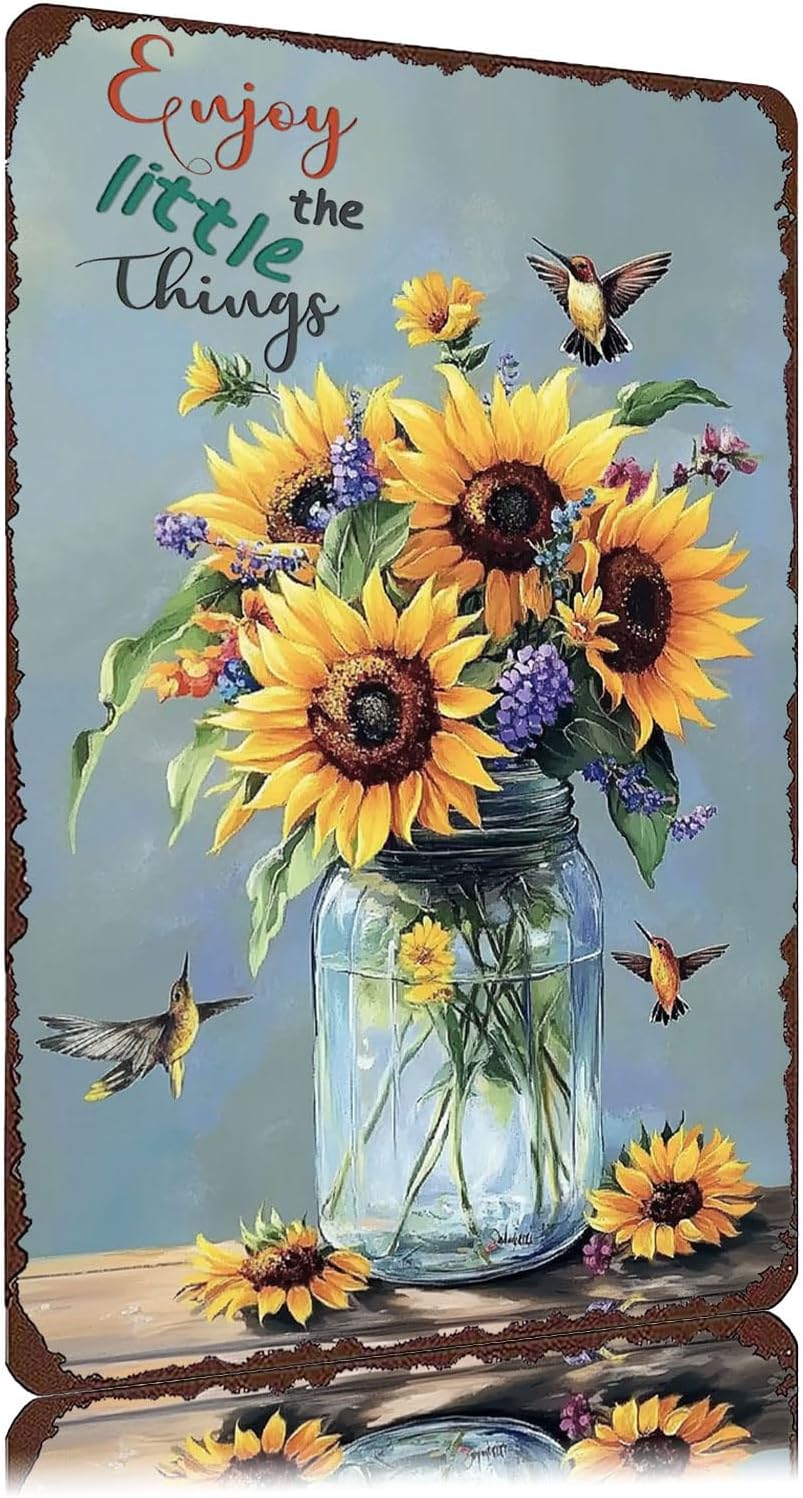 Enjoy The Little Things Sunflowers And Hummingbird Metal Sign Vintage Tin Sign Funny Wall Decor for Garden Kitchen Backyard Bedroom Home 12×8 Inch