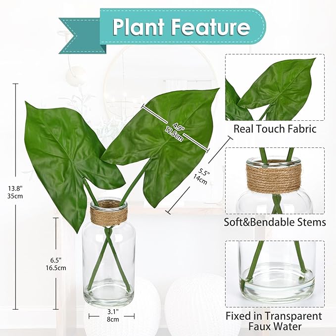 Fake Plants Faux Greenery Stems in Glass Vase with Faux Water, Realistic Silk Faux Plants Artificial Tropical Leaves for Home Bathroom Office Wedding Centerpiece Décor