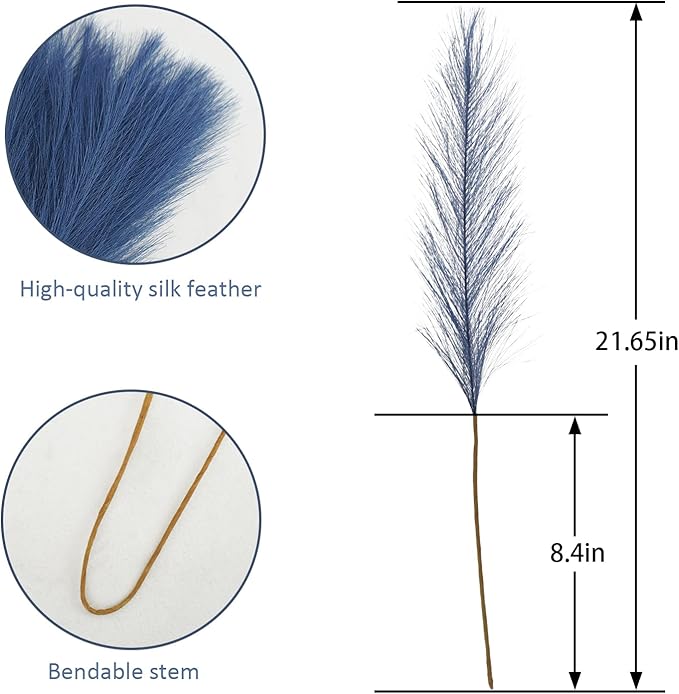 50pcs Faux Pampas Grass, 21.6" Short Artificial Pompous Grass Floral Fake Pompas Grass Branches Vase Filler Flower Arrangement for Home Wedding Boho Decor, Blue