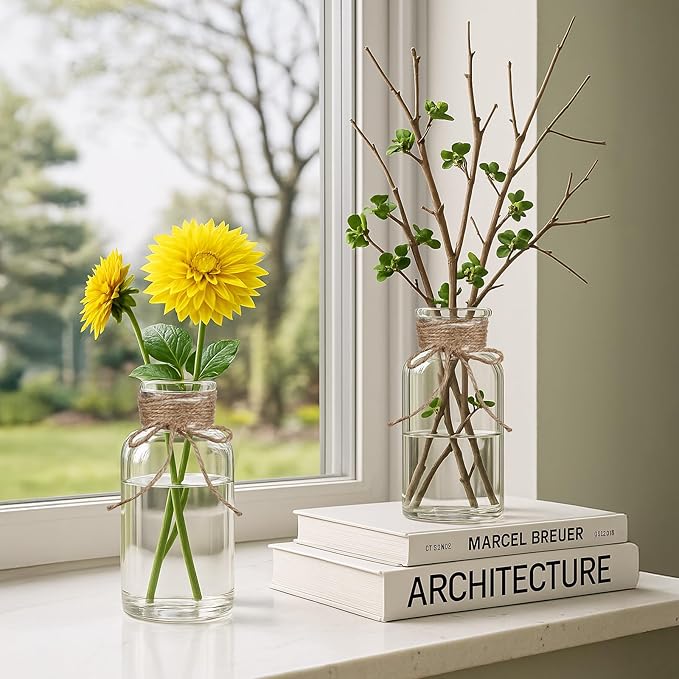 Vintage Glass Flower Vase Set of 8 Clear Vases with Hemp Rope for Farmhouse Wedding Centerpiece Cylinder Bottle for Reception Table Decoration Home Decor Floral Arrangements（Medium）