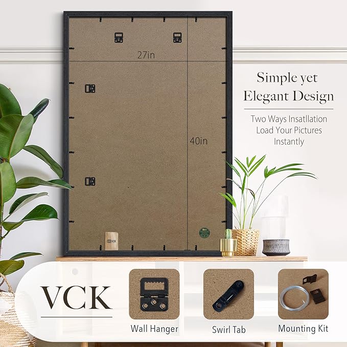 VCK 27x40 Frame for Poster & Picture - Black Oak 3 pk, Exclusive Natural Textured Solid Wood Frame, Wall Hanging