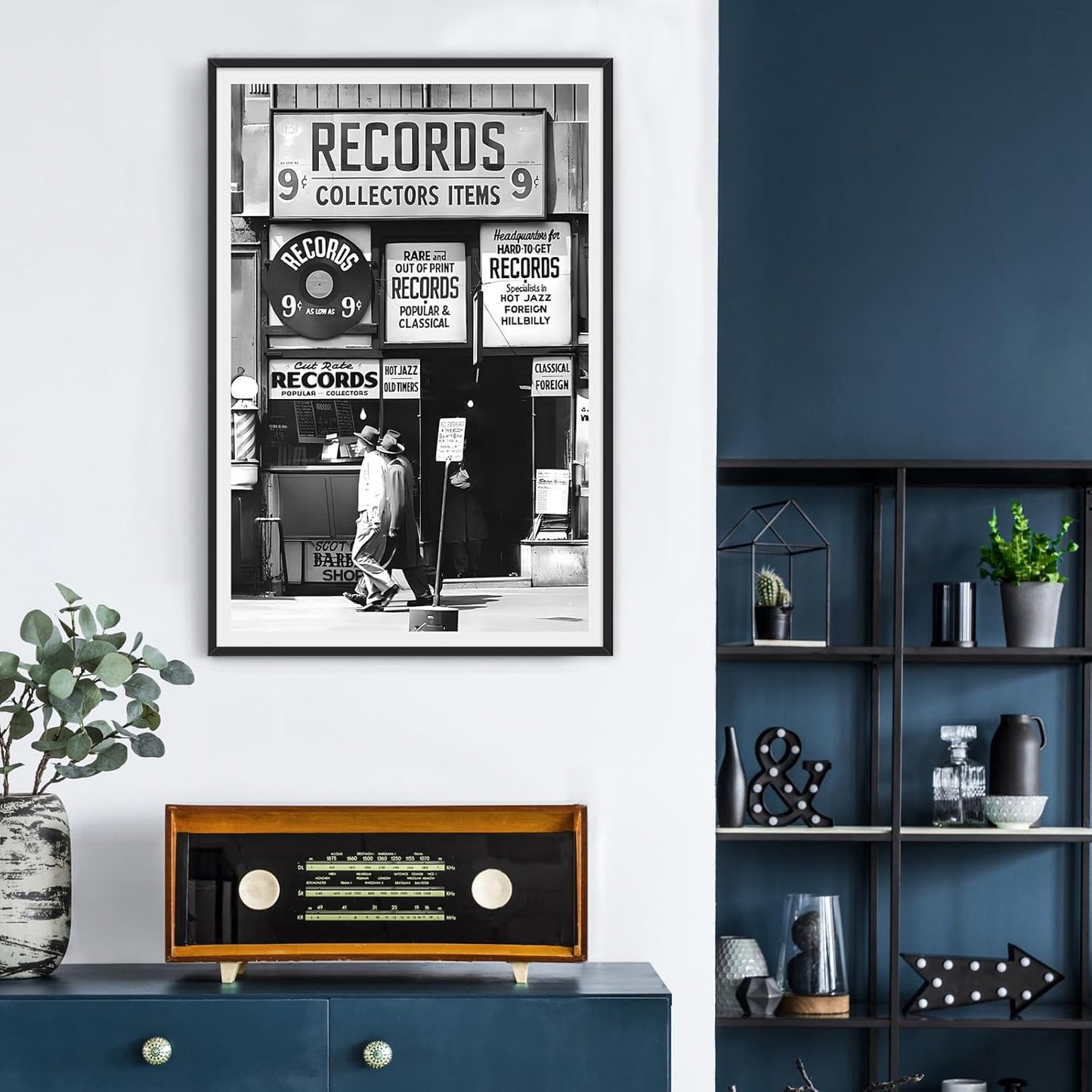 Fashion Black And White Photography Wall Art Vintage Preppy Record Shop Poster Retro Trendy Music Art Aesthetic Canvas Print for Music Lovers Gifts 20x30in BlackFramed