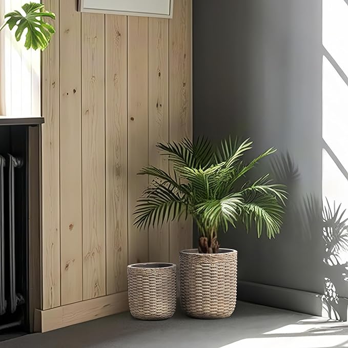 Yundu Concrete Planter Set of 2, The planters for Outdoor Plants, 14.5 & 12 inch pots for Plants,The Tall Planter with Drain Hole Suitable for Home, Office and Outdoor décor