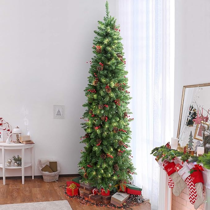 6.5FT Prelit Slim Christmas Tree Pine Tree Decorated with 250 Clear Lights, Pine Cone and Red Berries for Festive Holiday Decor