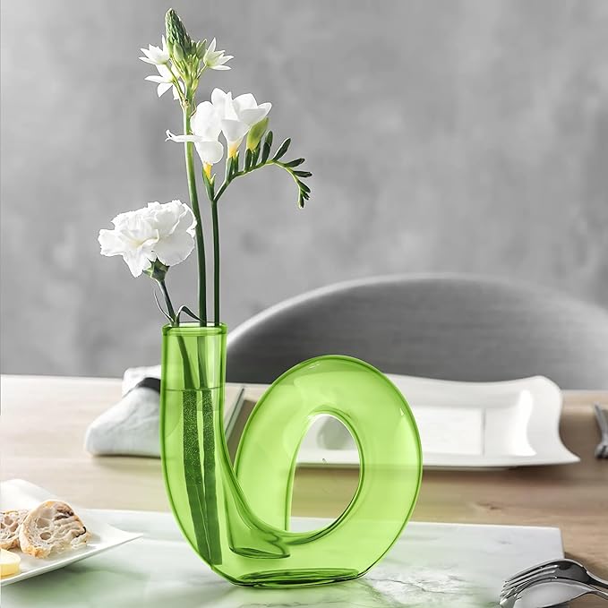 Joeyan Handmade Small Green Glass Flower Vase,Decorative Geometric Glass Bud Vase for Modern Home Centerpieces Living Room Office,4.72" Abstract Vase for Single Flower and Dry Flowers